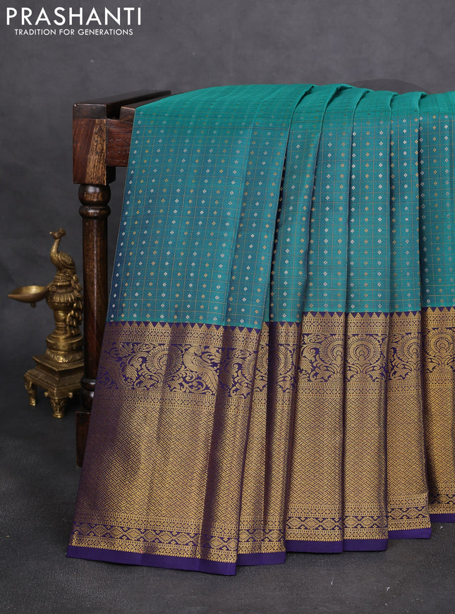 Pure kanchipuram silk saree teal blue and navy blue with allover zari checks & buttas and long zari woven border