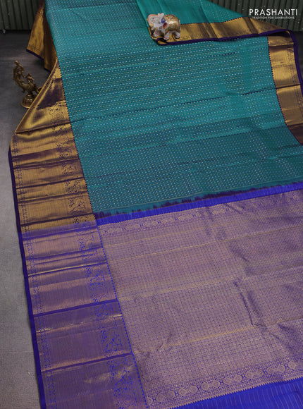 Pure kanchipuram silk saree teal blue and navy blue with allover zari checks & buttas and long zari woven border