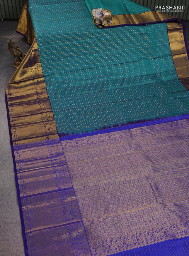 Pure kanchipuram silk saree teal blue and navy blue with allover zari checks & buttas and long zari woven border