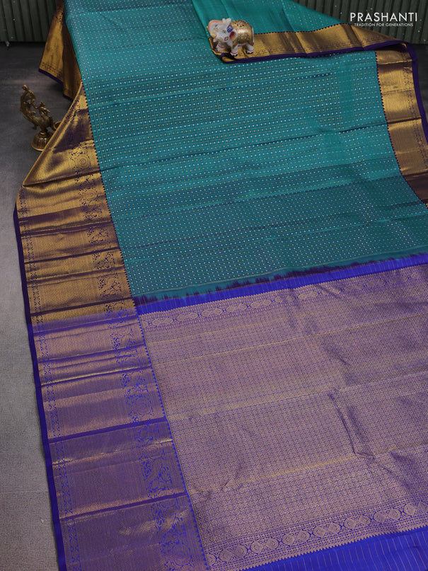 Pure kanchipuram silk saree teal blue and navy blue with allover zari checks & buttas and long zari woven border