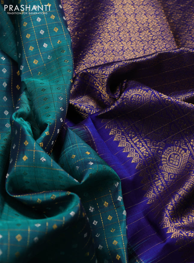 Pure kanchipuram silk saree teal blue and navy blue with allover zari checks & buttas and long zari woven border