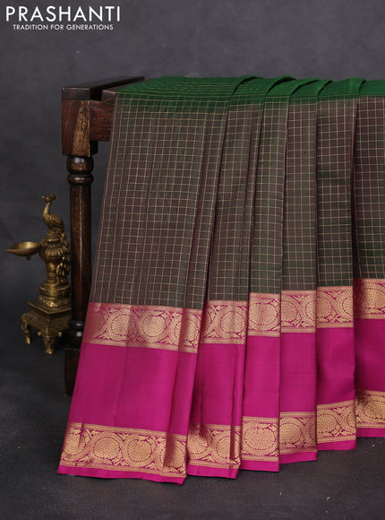 Pure kanchipuram silk saree green and magenta pink with allover zari checked pattern and rettapet zari woven border