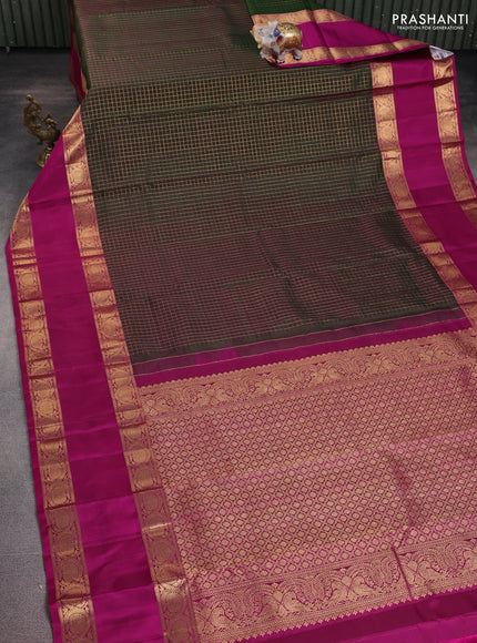 Pure kanchipuram silk saree green and magenta pink with allover zari checked pattern and rettapet zari woven border