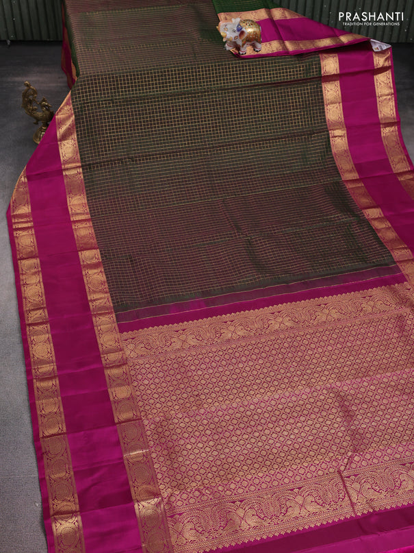 Pure kanchipuram silk saree green and magenta pink with allover zari checked pattern and rettapet zari woven border