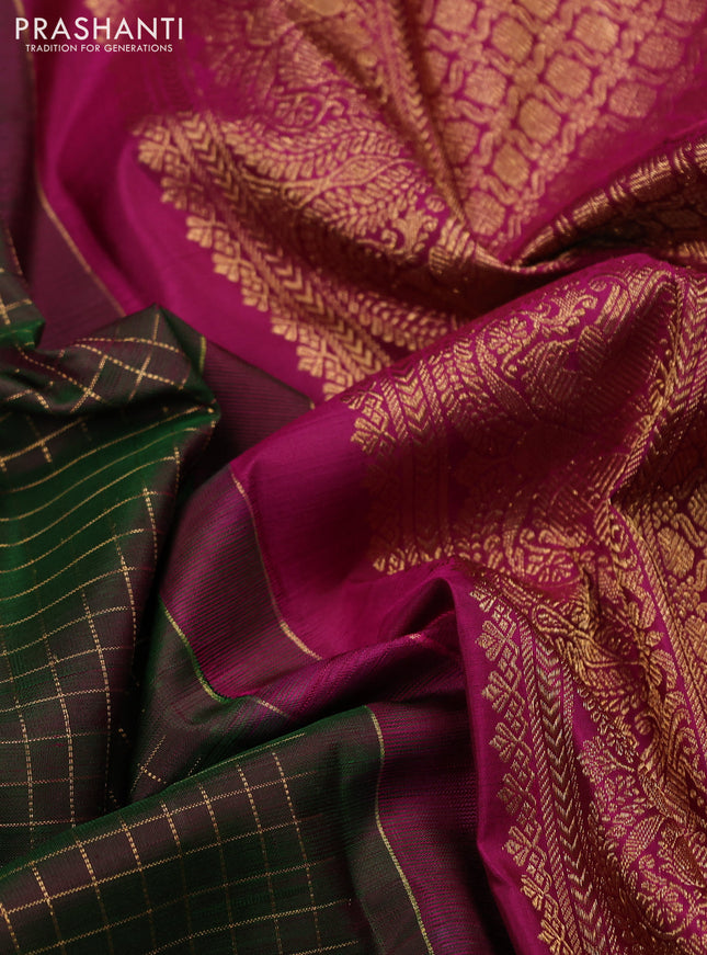Pure kanchipuram silk saree green and magenta pink with allover zari checked pattern and rettapet zari woven border