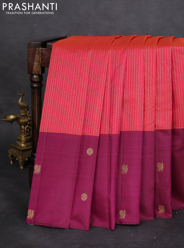 Pure kanchipuram silk saree dual shade of pinkish orange and dark magenta pink with allover silver & gold zari weaves and zari woven butta border