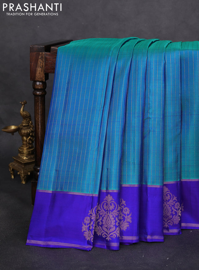 Pure kanchipuram silk saree cs blue and royal blue with allover zari stripes pattern and zari woven butta border
