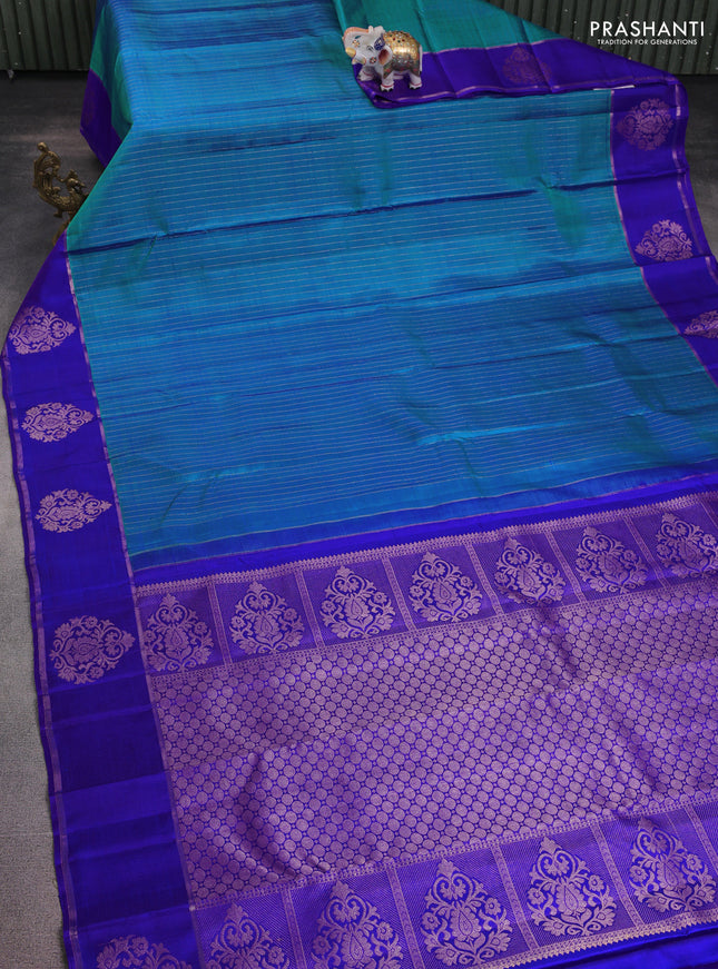 Pure kanchipuram silk saree cs blue and royal blue with allover zari stripes pattern and zari woven butta border