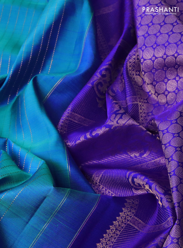 Pure kanchipuram silk saree cs blue and royal blue with allover zari stripes pattern and zari woven butta border