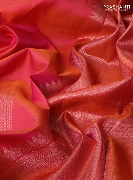 Pure kanchipuram silk saree dual shade of pinkish orange and dark green with allover zari weaves & buttas in borderless style