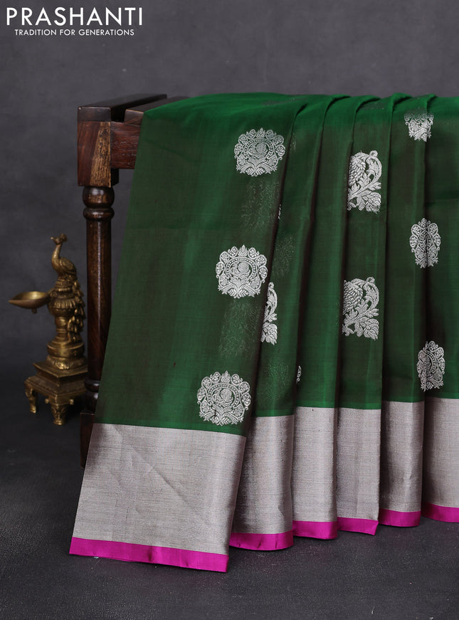 Venkatagiri silk saree green and magenta pink with silver zari woven buttas and silver zari woven border