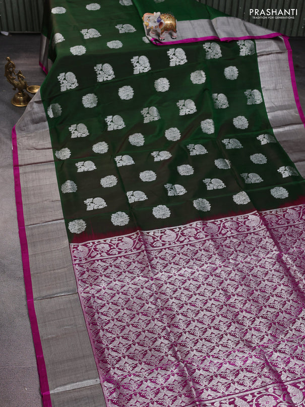 Venkatagiri silk saree green and magenta pink with silver zari woven buttas and silver zari woven border