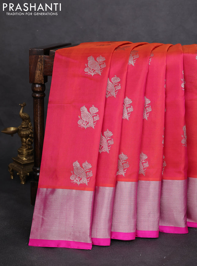 Venkatagiri silk saree dual shade of pinkish orange and pink with silver zari woven buttas and silver zari woven border
