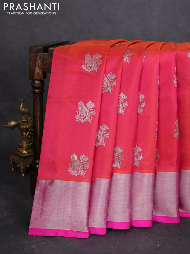 Venkatagiri silk saree dual shade of pinkish orange and pink with silver zari woven buttas and silver zari woven border