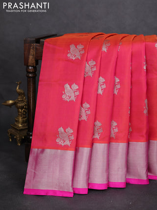 Venkatagiri silk saree dual shade of pinkish orange and pink with silver zari woven buttas and silver zari woven border