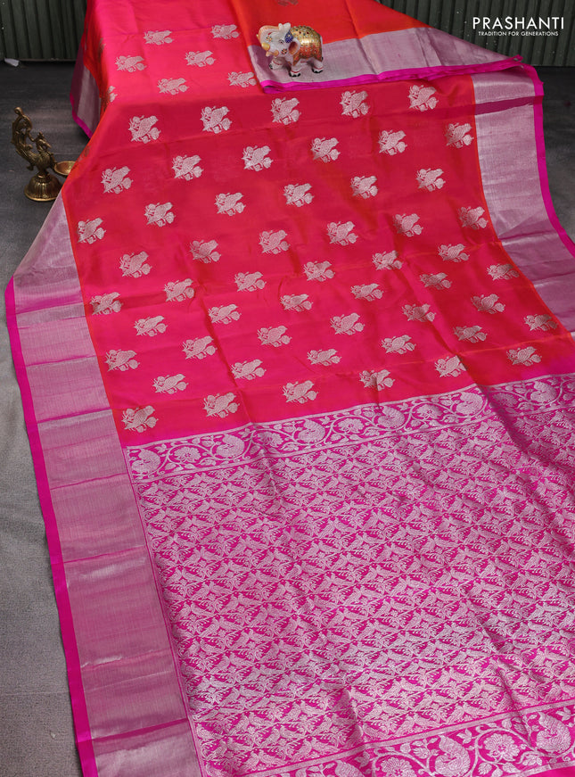Venkatagiri silk saree dual shade of pinkish orange and pink with silver zari woven buttas and silver zari woven border
