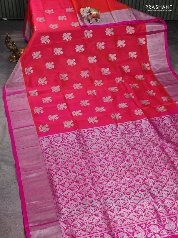 Venkatagiri silk saree dual shade of pinkish orange and pink with silver zari woven buttas and silver zari woven border