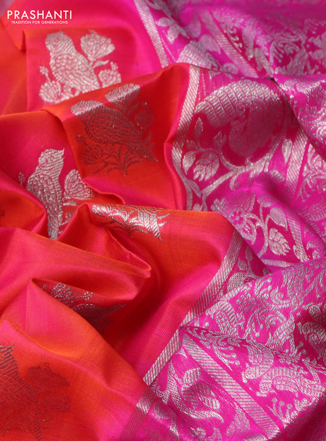 Venkatagiri silk saree dual shade of pinkish orange and pink with silver zari woven buttas and silver zari woven border