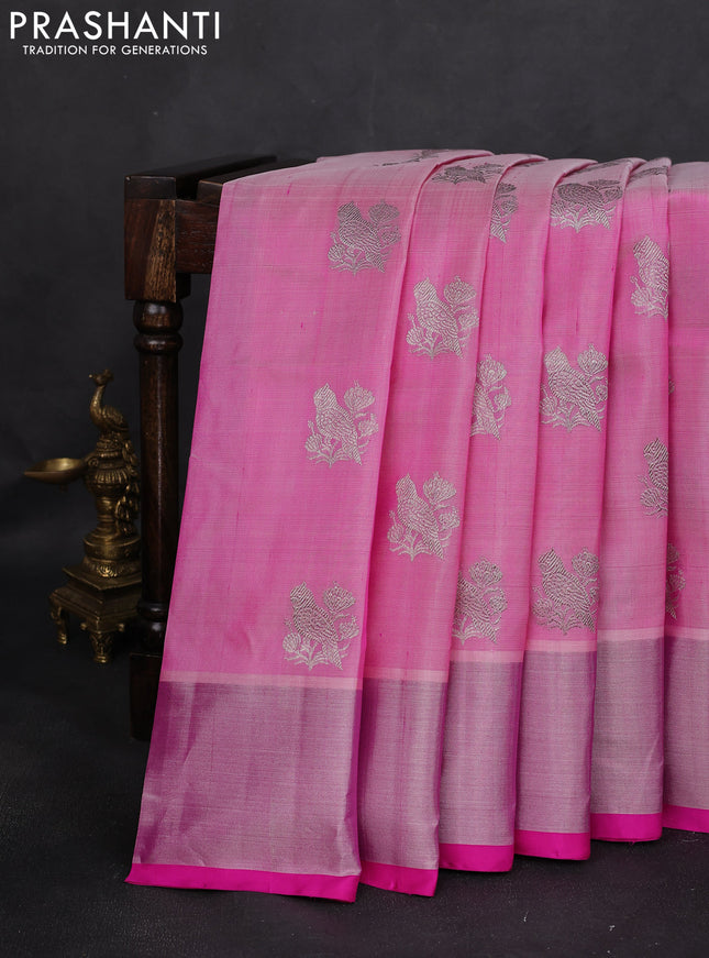 Venkatagiri silk saree light pink and pink with silver zari woven buttas and silver zari woven border