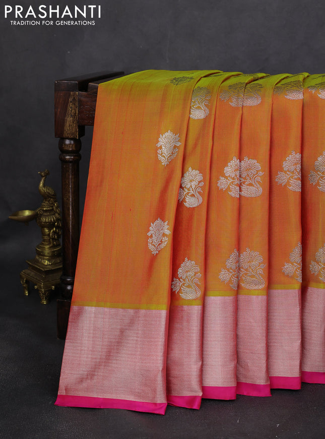Venkatagiri silk saree mustard yellow and pink with silver zari woven buttas and silver zari woven border