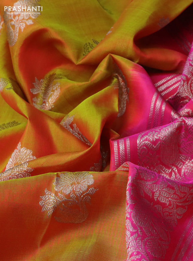 Venkatagiri silk saree mustard yellow and pink with silver zari woven buttas and silver zari woven border