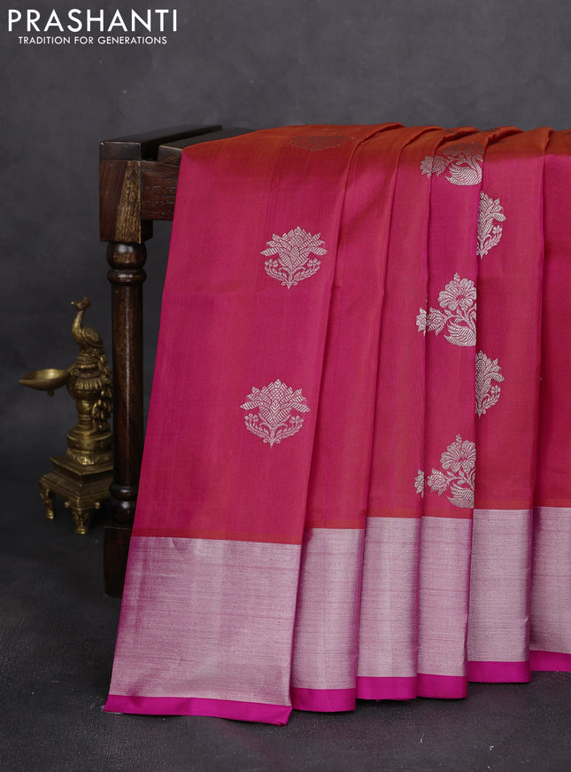 Venkatagiri silk saree dual shade of pinkish orange and pink with silver zari woven buttas and silver zari woven border