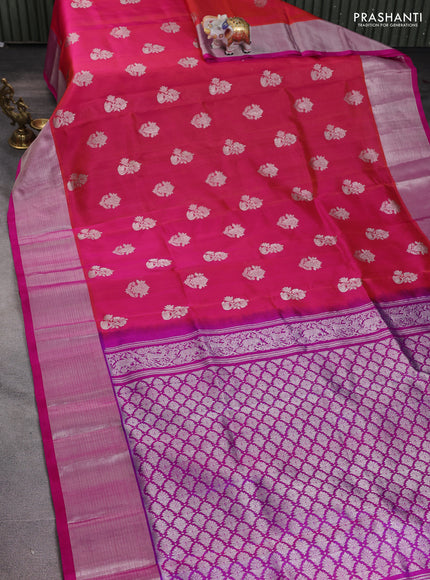 Venkatagiri silk saree dual shade of pinkish orange and pink with silver zari woven buttas and silver zari woven border