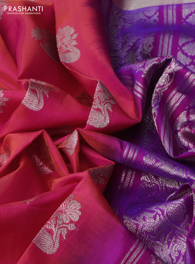 Venkatagiri silk saree dual shade of pinkish orange and pink with silver zari woven buttas and silver zari woven border