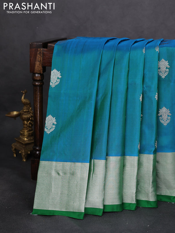 Venkatagiri silk saree dual shade of cs blue and green with silver zari woven buttas and silver zari woven border