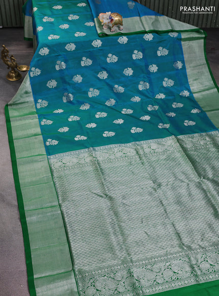 Venkatagiri silk saree dual shade of cs blue and green with silver zari woven buttas and silver zari woven border