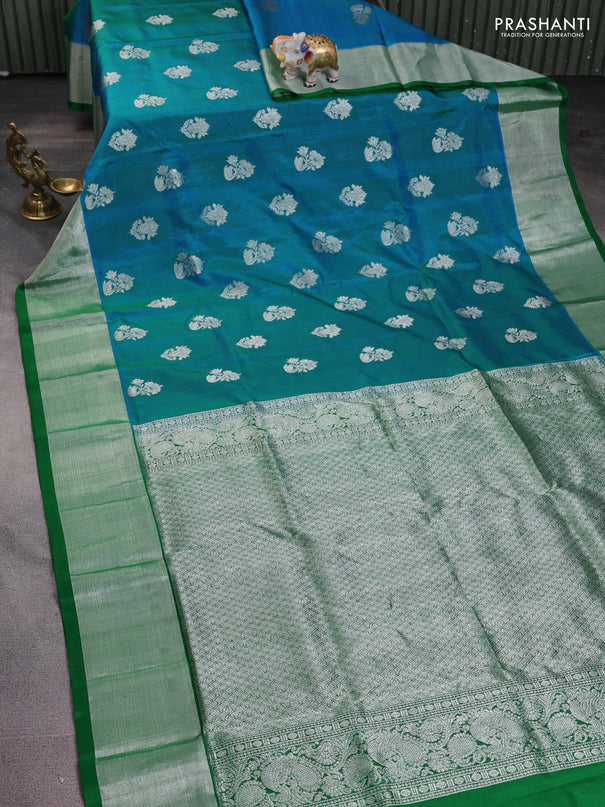 Venkatagiri silk saree dual shade of cs blue and green with silver zari woven buttas and silver zari woven border