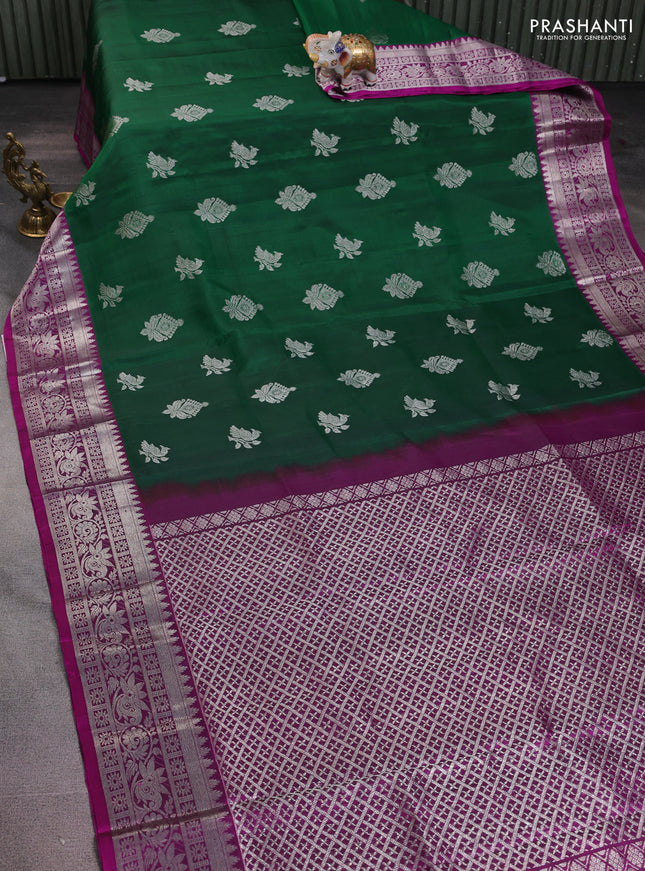 Venkatagiri silk saree green and purple with silver zari woven buttas and silver zari woven border