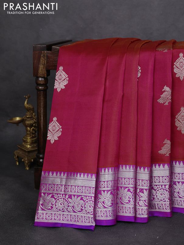 Venkatagiri silk saree dual shade of pink and purple with silver zari woven buttas and silver zari woven border