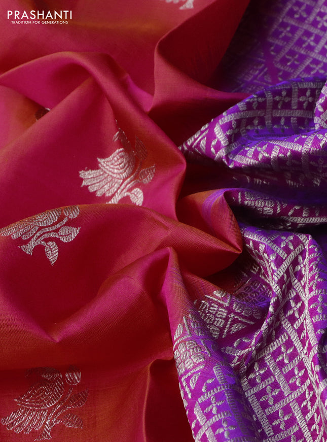 Venkatagiri silk saree dual shade of pink and purple with silver zari woven buttas and silver zari woven border