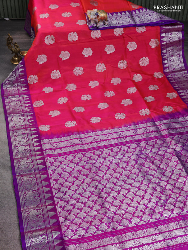 Venkatagiri silk saree dual shade of pinkish orange and purple with silver zari woven buttas and silver zari woven border