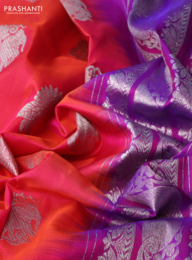 Venkatagiri silk saree dual shade of pinkish orange and purple with silver zari woven buttas and silver zari woven border