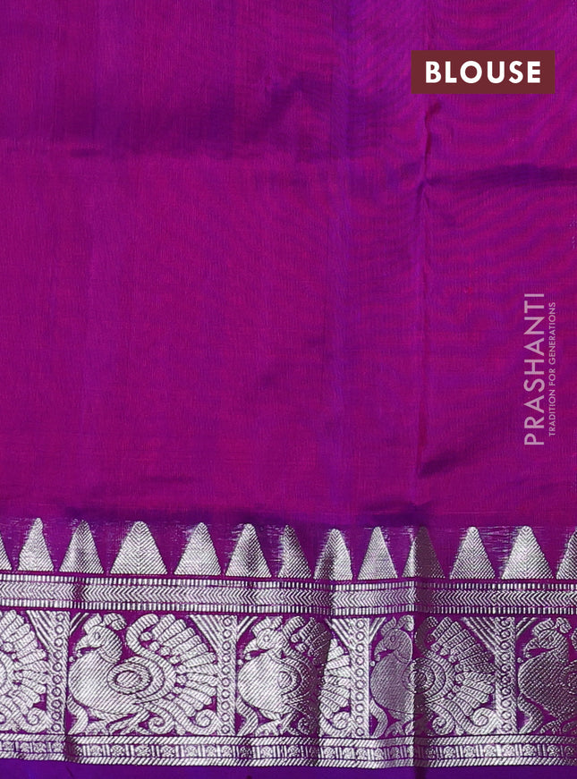 Venkatagiri silk saree dual shade of pinkish orange and purple with silver zari woven buttas and silver zari woven border