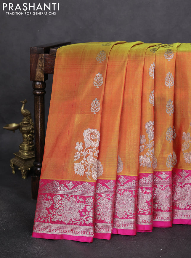 Venkatagiri silk saree dual shade of yellow and pink with silver zari woven buttas and silver zari woven border