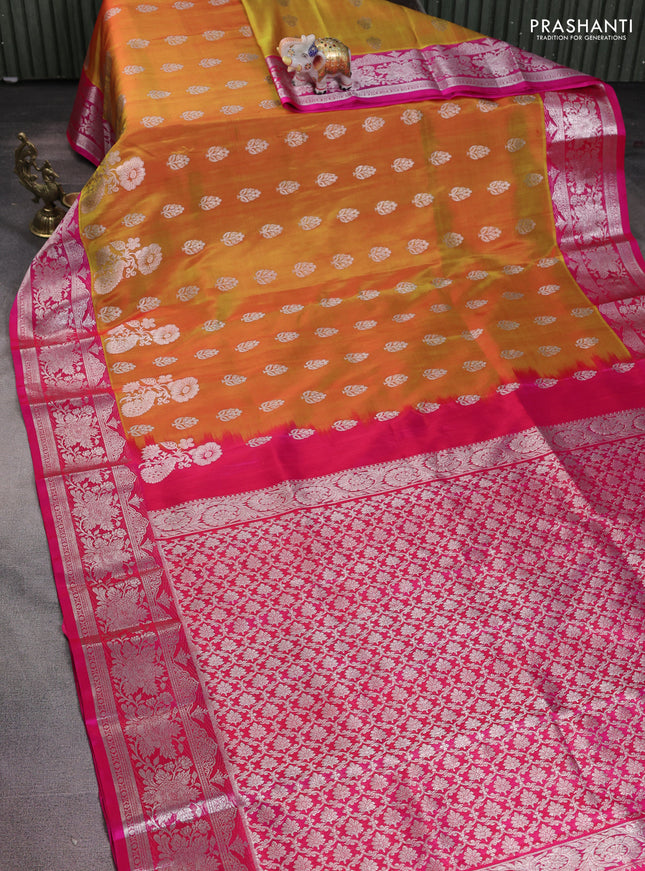 Venkatagiri silk saree dual shade of yellow and pink with silver zari woven buttas and silver zari woven border