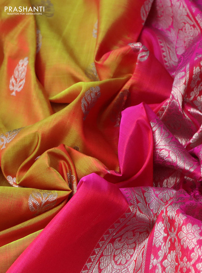 Venkatagiri silk saree dual shade of yellow and pink with silver zari woven buttas and silver zari woven border