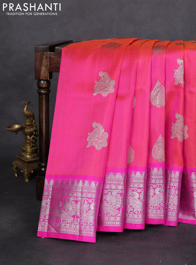 Venkatagiri silk saree dual shade of pinkish orange and pink with silver zari woven buttas and silver zari woven border