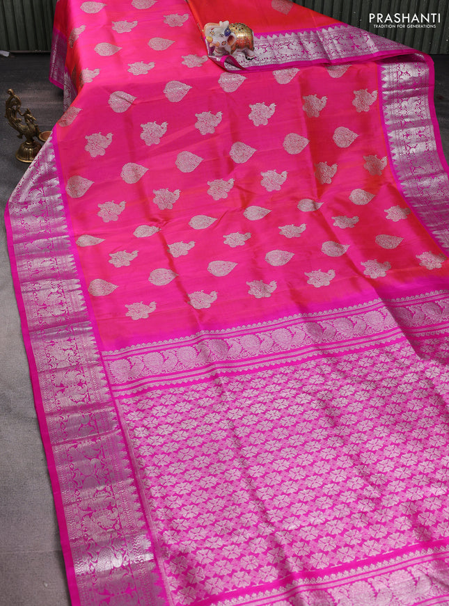 Venkatagiri silk saree dual shade of pinkish orange and pink with silver zari woven buttas and silver zari woven border
