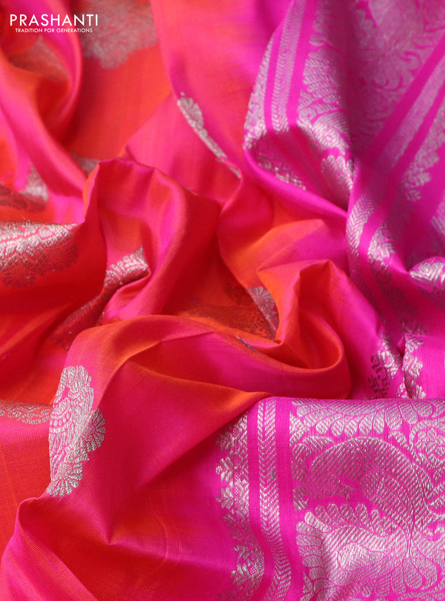 Venkatagiri silk saree dual shade of pinkish orange and pink with silver zari woven buttas and silver zari woven border