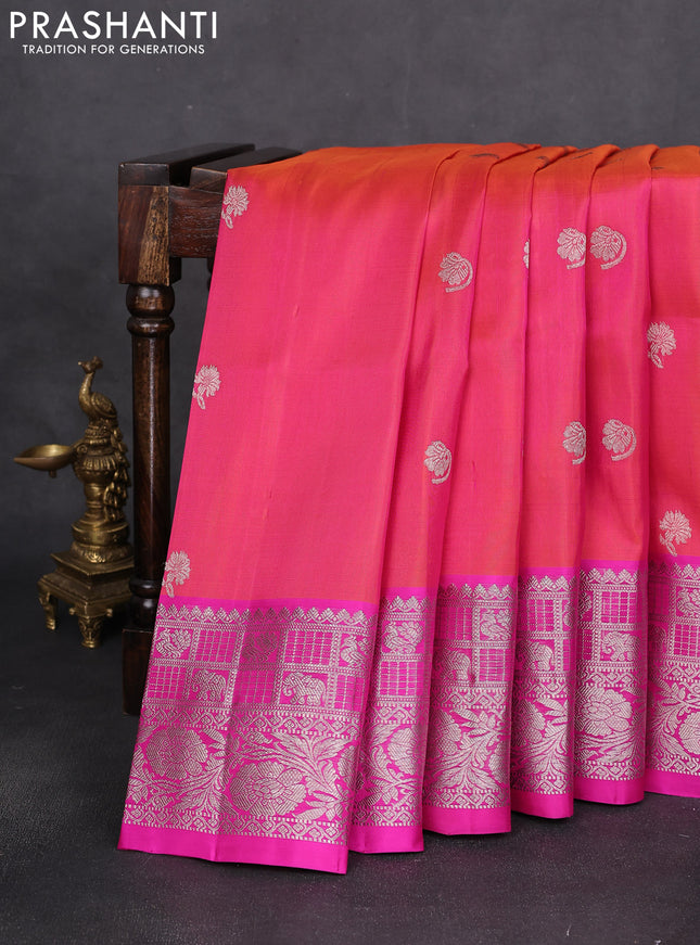 Venkatagiri silk saree dual shade of pinkish orange and pink with silver zari woven buttas and silver zari woven border