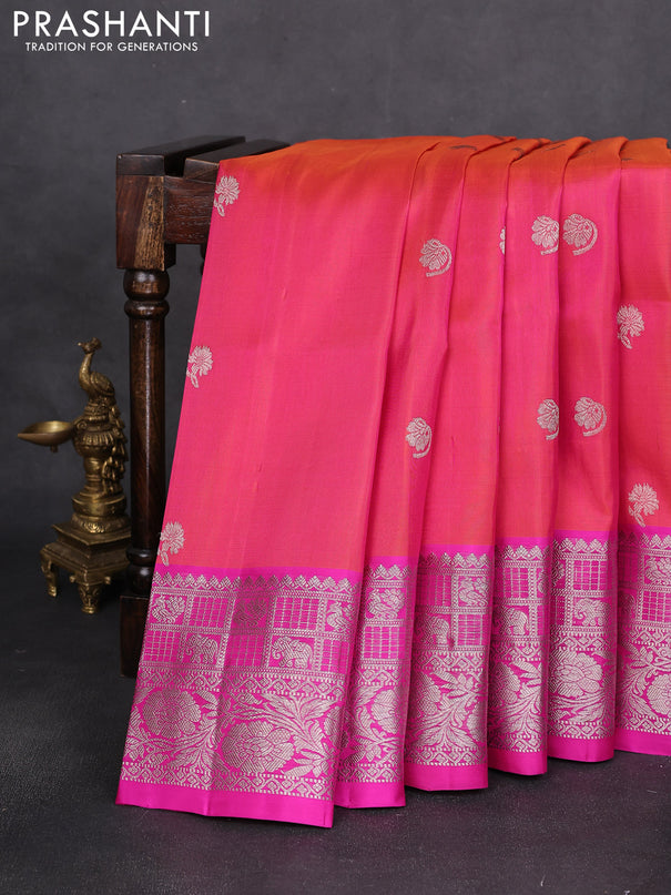 Venkatagiri silk saree dual shade of pinkish orange and pink with silver zari woven buttas and silver zari woven border
