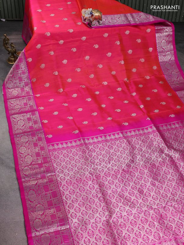 Venkatagiri silk saree dual shade of pinkish orange and pink with silver zari woven buttas and silver zari woven border