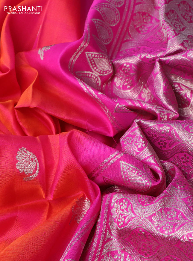 Venkatagiri silk saree dual shade of pinkish orange and pink with silver zari woven buttas and silver zari woven border
