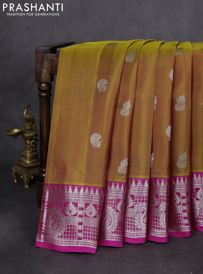 Venkatagiri silk saree dual shade of dark mustard and pink with silver zari woven buttas and silver zari woven border