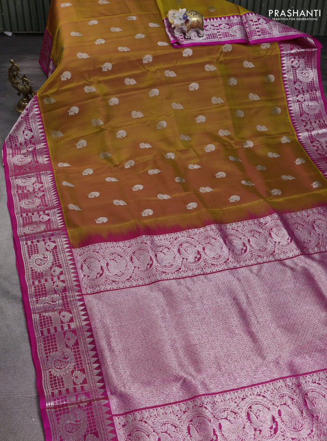 Venkatagiri silk saree dual shade of dark mustard and pink with silver zari woven buttas and silver zari woven border