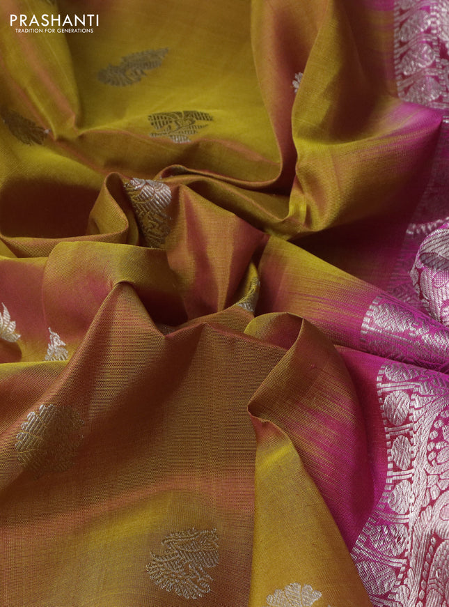 Venkatagiri silk saree dual shade of dark mustard and pink with silver zari woven buttas and silver zari woven border